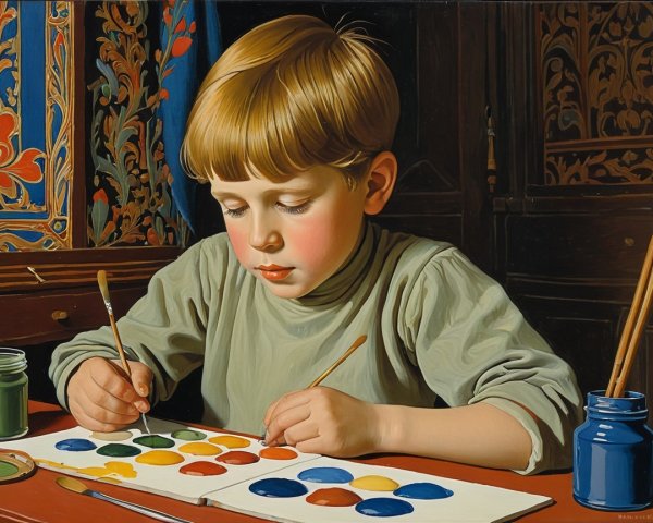 Detailed Painting of a Young Boy Engrossed in Art