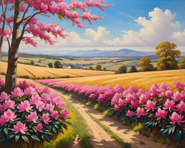 Vibrant Landscape with Winding Path and Rhododendrons