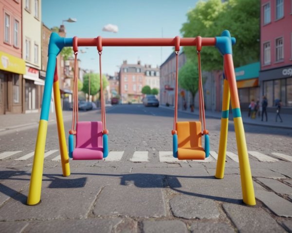 Vibrant Playground Swing Set on City Street