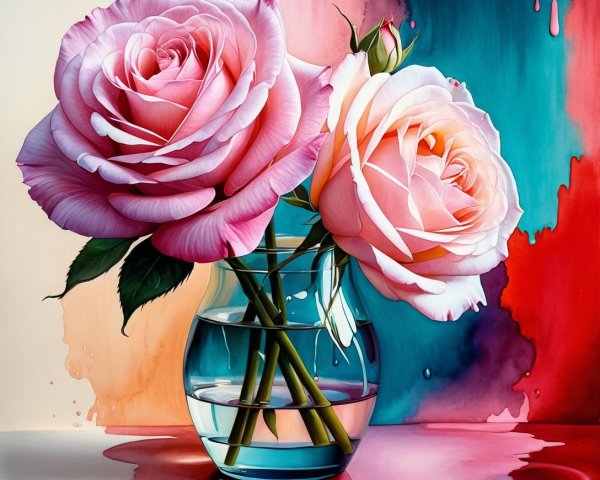 Pink Roses in Clear Vase on Glossy Watercolor Surface