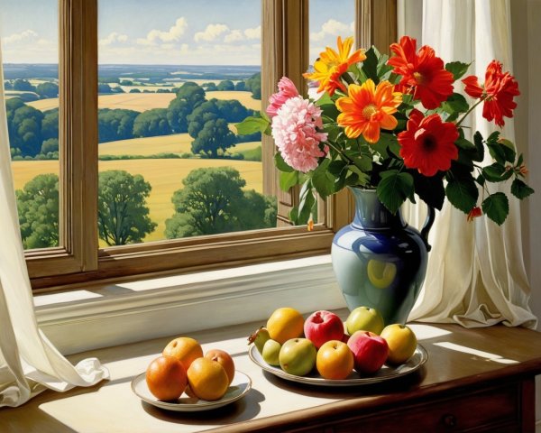 Still Life of Flowers and Fruit by a Window