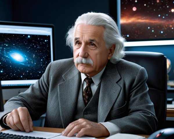 Scientist Analyzing Cosmic Images in Dimly Lit Room