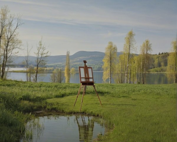 Serene Landscape with Easel by Tranquil Pond