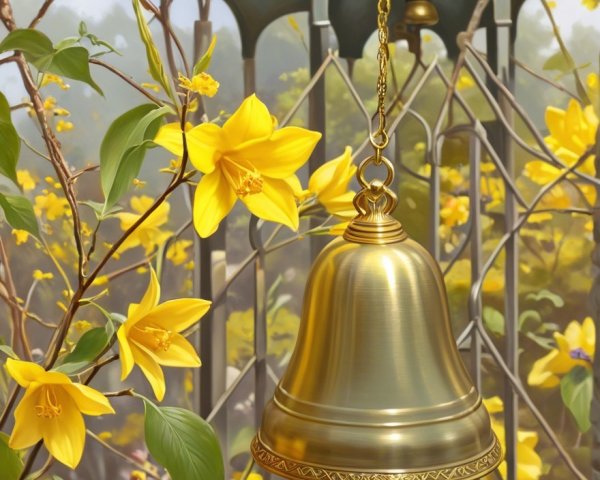 Brass Bell with Chain in Serene Garden Setting