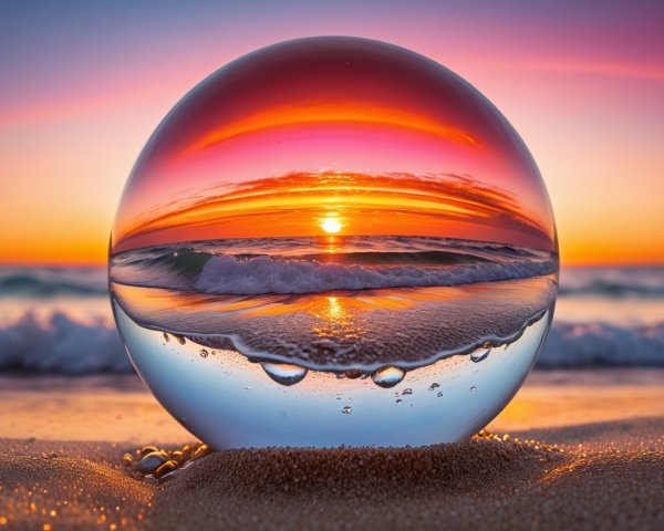 Glass Sphere Reflecting Sunset on Sandy Beach
