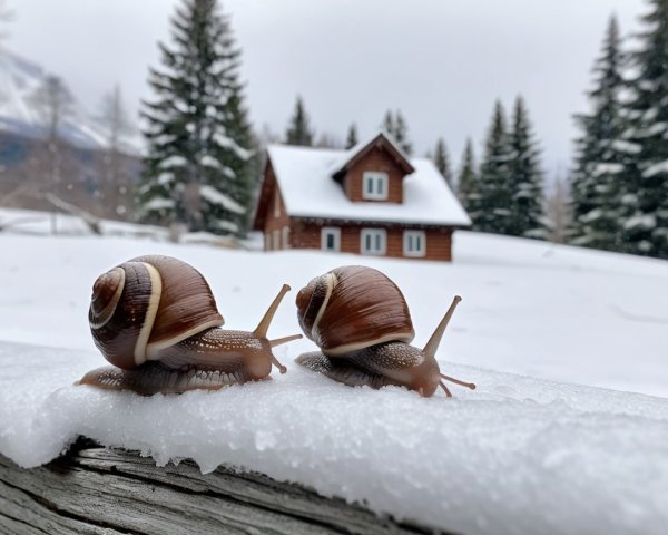 Winter Scene with Snails on a Snowy Fence