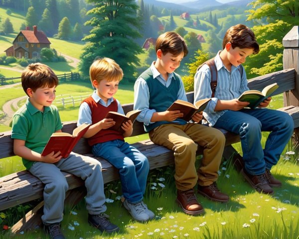 Boys Reading Books on a Wooden Fence in Nature