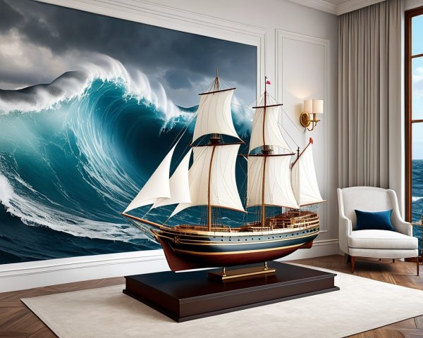 Model Ship Displayed with Ocean Wave Mural Background