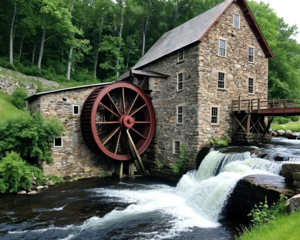 Stone Mill by River with Water Wheel and Waterfall