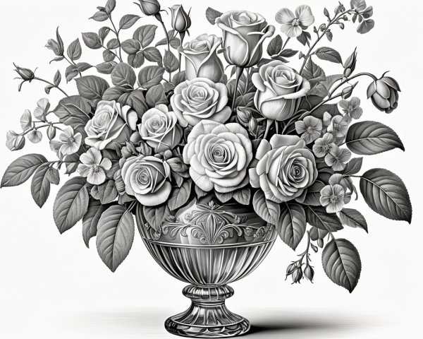 Monochromatic Illustration of Roses in Ornate Vase