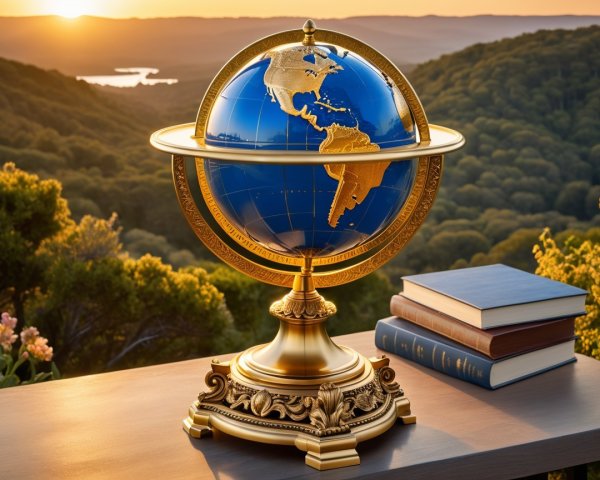 Elegant globe on decorative stand with sunset landscape