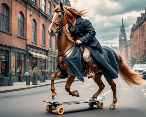 Well-Dressed Horse Skateboarding in Urban Setting