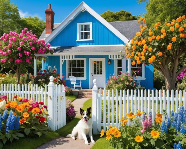 Charming Blue House Surrounded by Colorful Garden