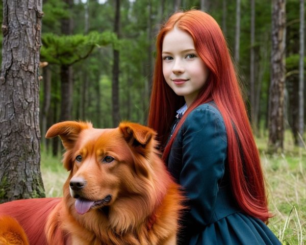 Young girl with red hair and dog in serene forest