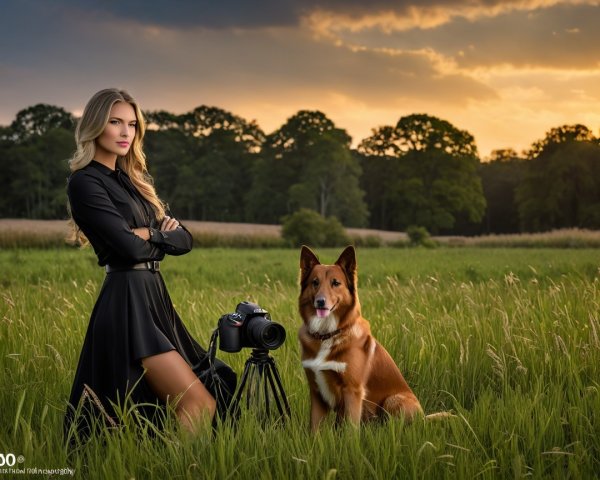 Woman in Black Dress with Dog in Sunset Field