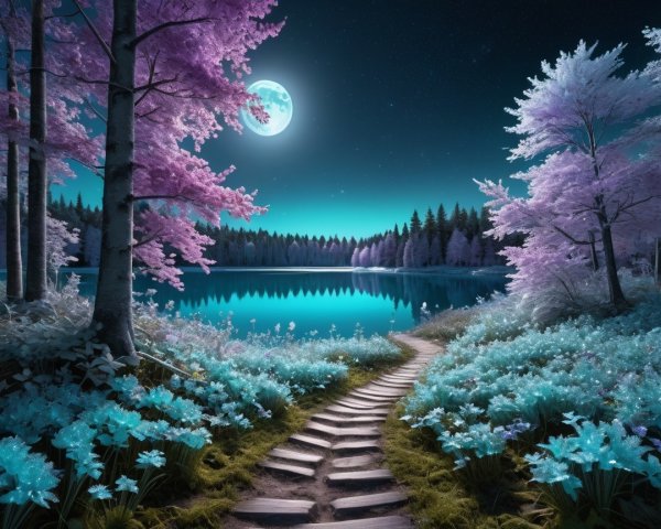 Fantasy Landscape with Moonlit Lake and Trees