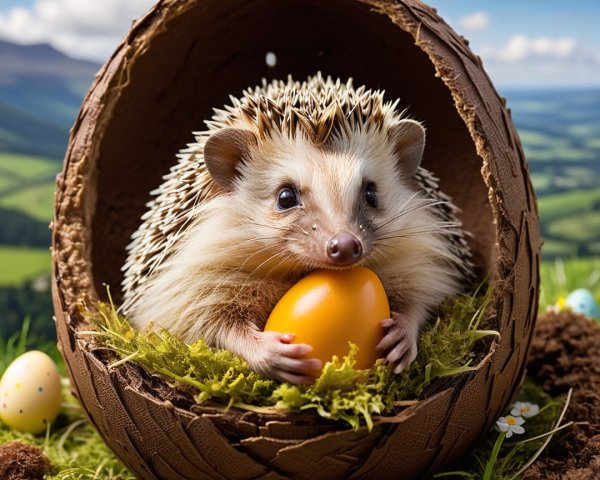 Hedgehog in Chocolate Egg Surrounded by Easter Eggs