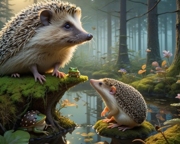 Photorealistic Fantasy Forest Scene with Hedgehogs and Frogs