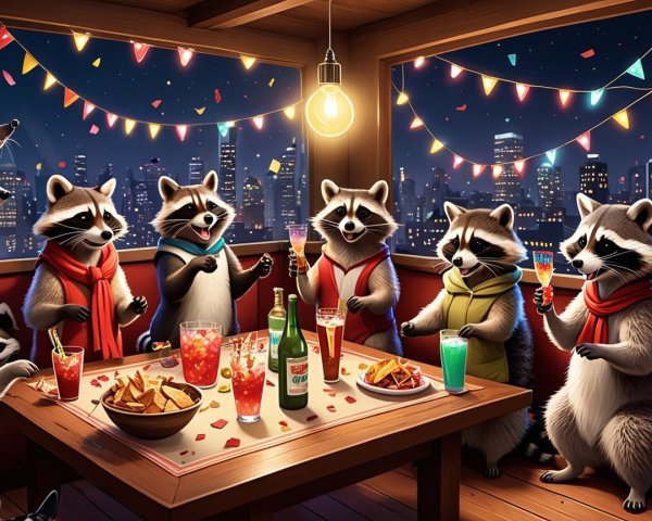 Raccoons at a Night Party with Cityscape Background