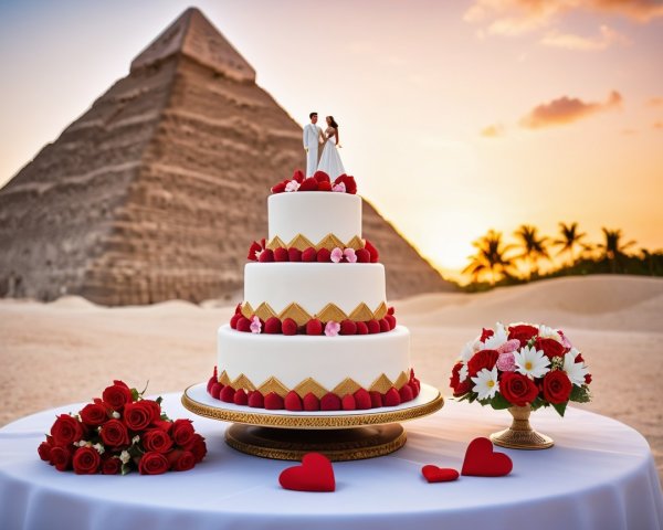 Elegant wedding cake with roses and sunset backdrop
