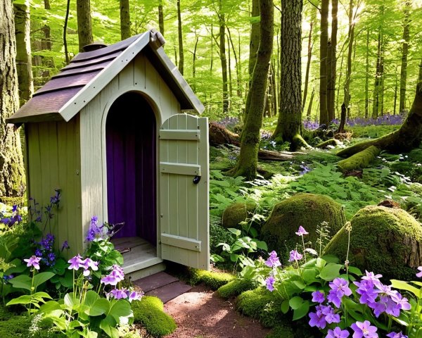 Light green outhouse in a lush green forest setting