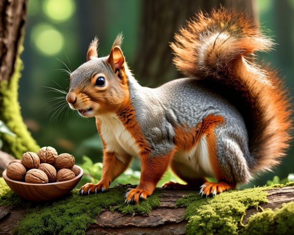 Squirrel on Mossy Log in Serene Forest Setting