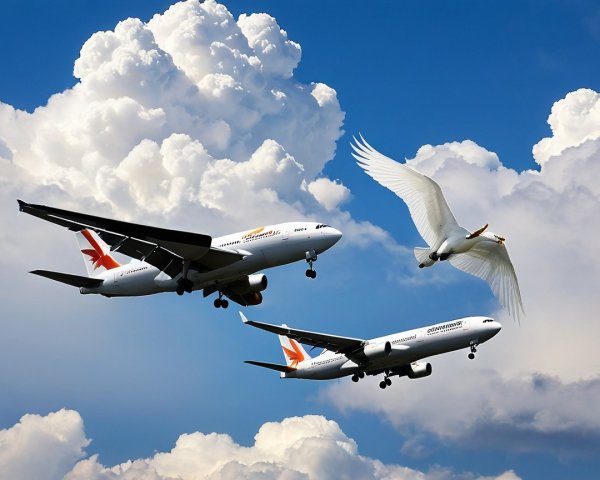 Airplanes and Bird in Vibrant Sky Scene