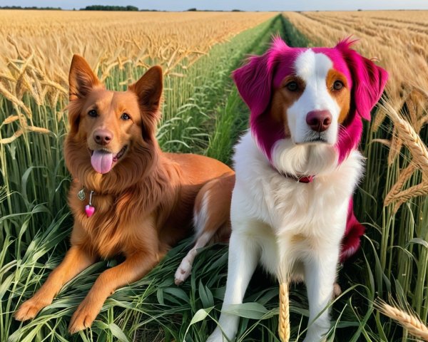 Dogs Relaxing in a Golden Wheat Field Under Blue Sky