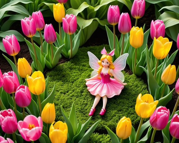 Fairy Figurine Surrounded by Colorful Tulips in Garden