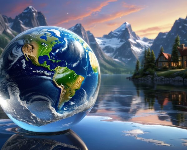 Reflective Earth Globe on Tranquil Lake at Sunset