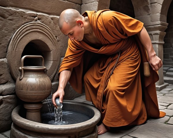 Young Man in Orange Robes Collecting Water from Basin