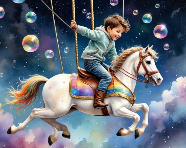 Joyful Child on Whimsical Carousel Horse at Night