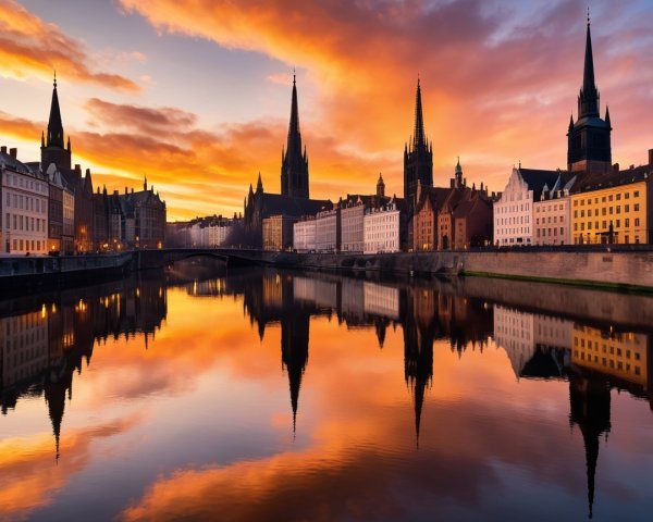 Sunset Cityscape with River Reflection and Spires