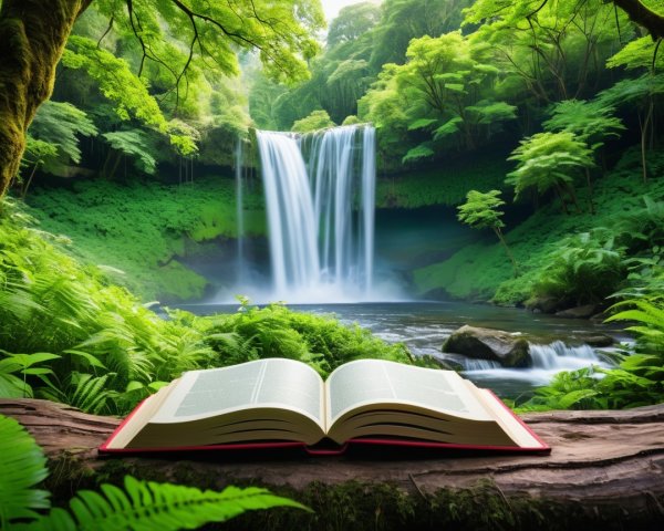 Book on Mossy Log in Serene Forest with Waterfall
