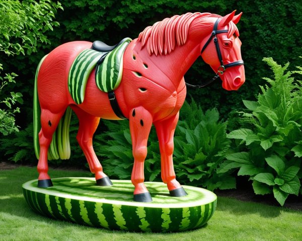 Life-Sized Watermelon Horse Sculpture in Garden Setting