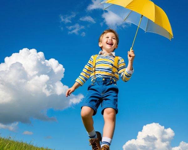 Cheerful boy with yellow umbrella in grassy field