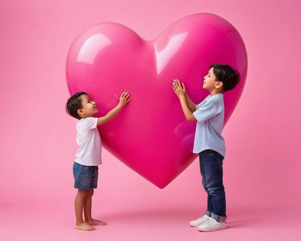 Children Interacting with a Large Pink Heart Backdrop