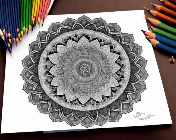 Detailed Black and White Mandala with Colored Pencils