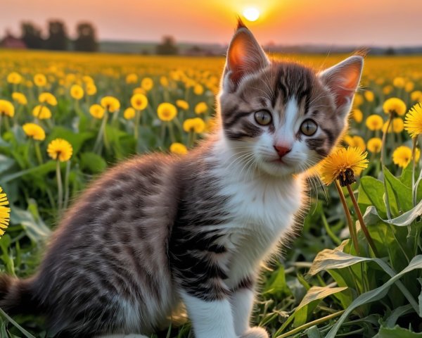 Kitten in a Field of Dandelions at Sunset