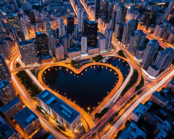 Aerial View of Cityscape with Heart-Shaped Lake