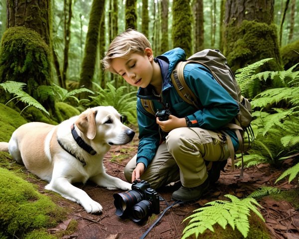 Young Boy with Dog in Dense Forest Setting