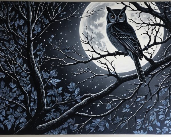 Monochromatic Owl Painting with Moon and Stars
