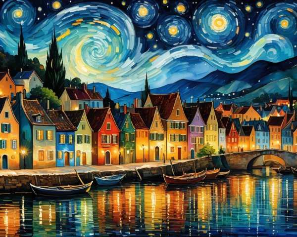 Vibrant Watercolor of European Village by a River