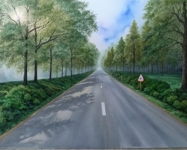 Serene Landscape with Lush Greenery and Foggy Road