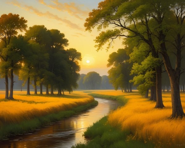 Digital Landscape at Sunset with Winding River