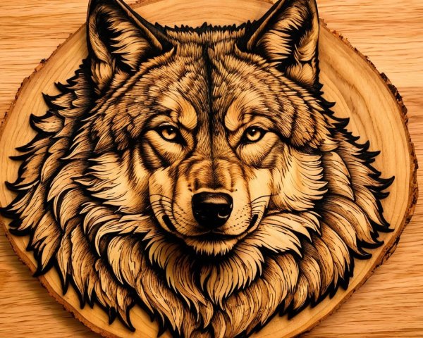 Detailed Wood Carving of a Wolf's Head on Wood Slice