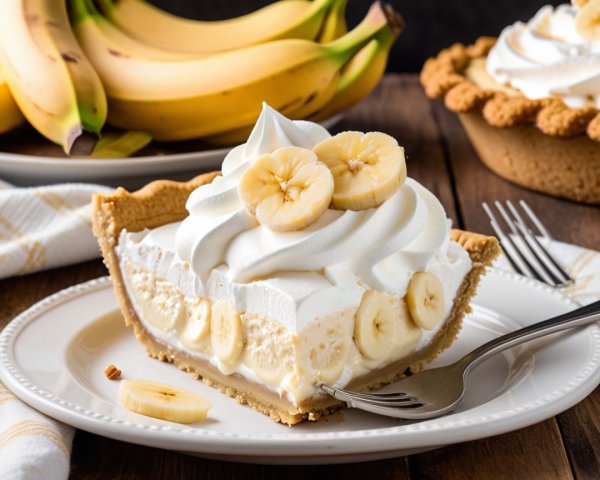 Banana cream pie with whipped cream and ripe bananas