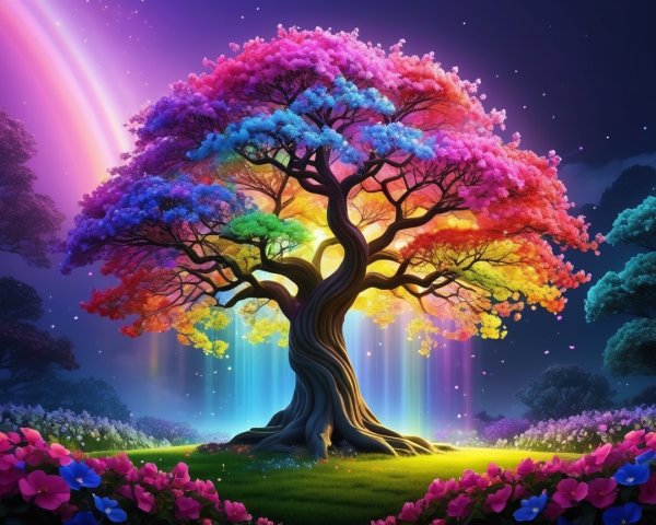Multicolored tree in a vibrant, enchanting landscape