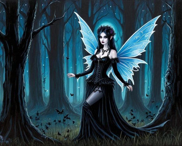 Gothic Fairy in Dark Forest with Crystalline Wings