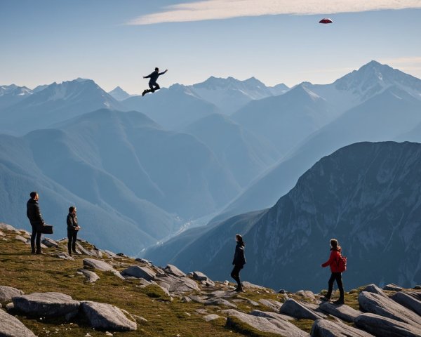 Group on Rocky Outcrop with Mountains and Clear Sky